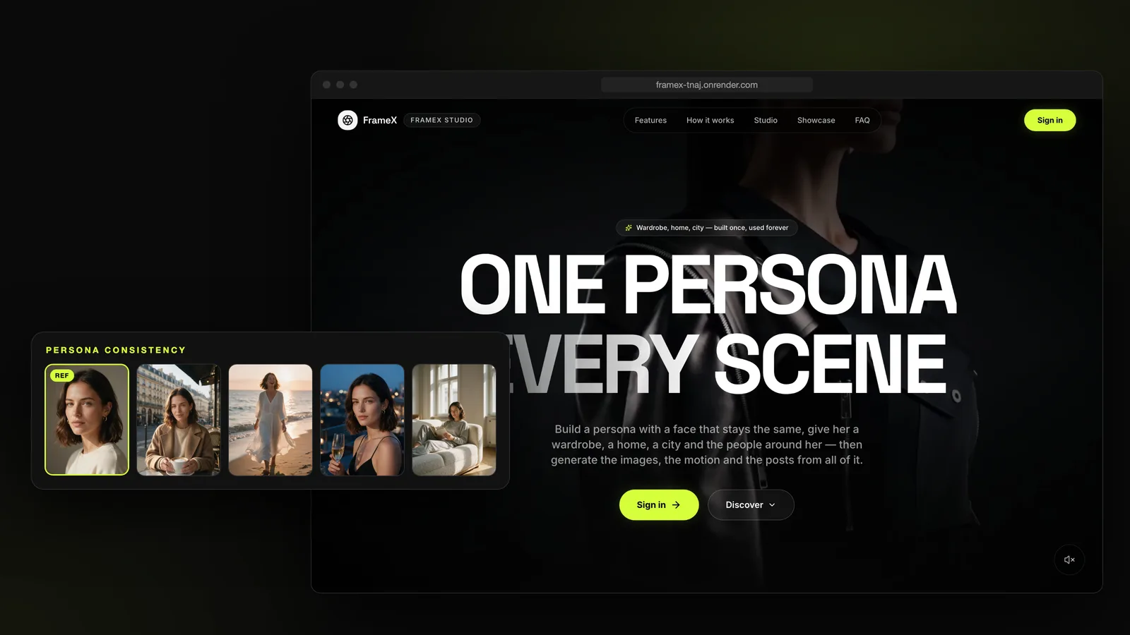 The FrameX website hero reading One persona, every scene, beside a reference portrait and the same persona in four scenes: a café, a beach, a rooftop and at home