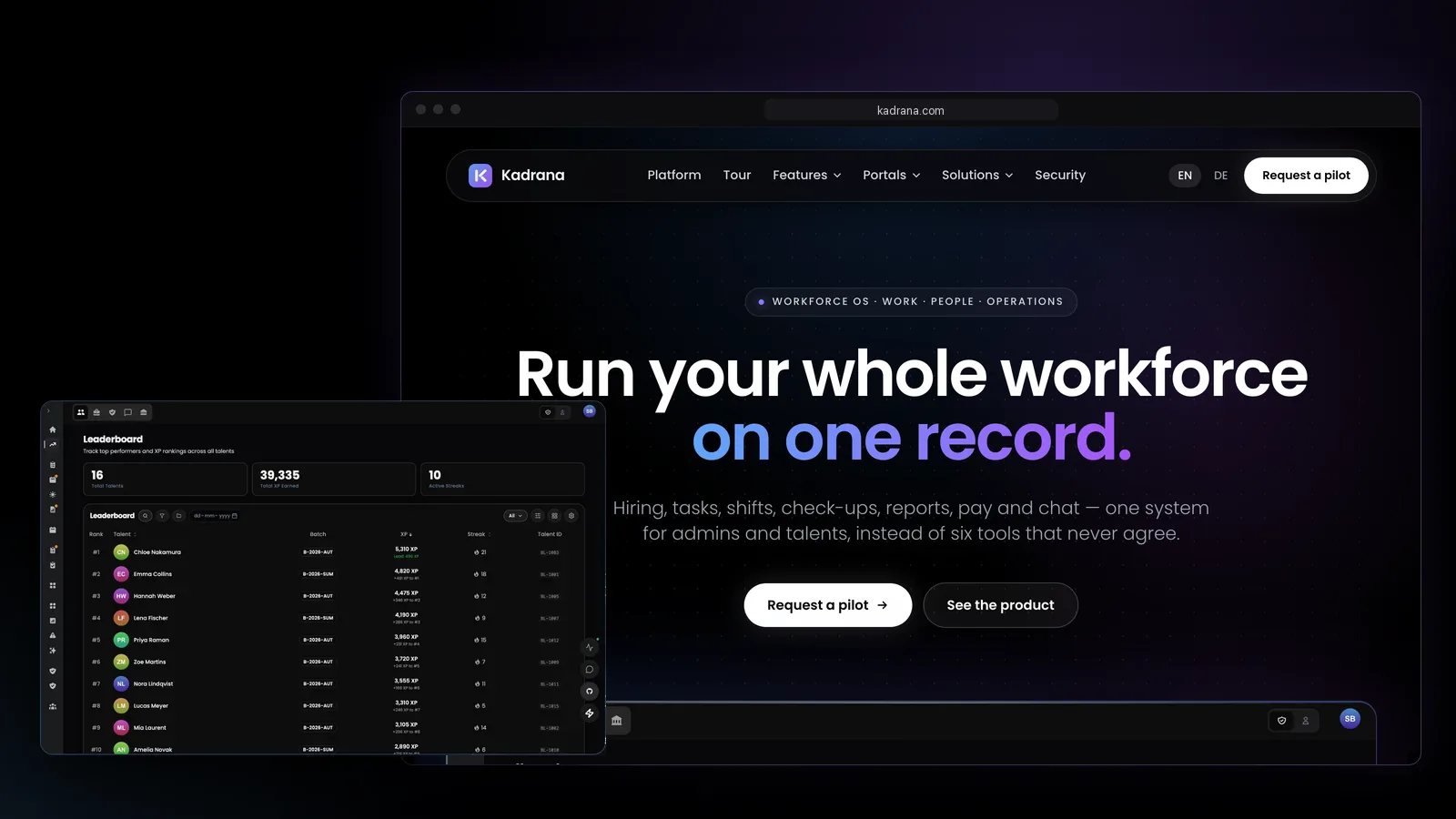 Die Kadrana-Website mit der Überschrift Run your whole workforce on one record, daneben die XP-Rangliste der App