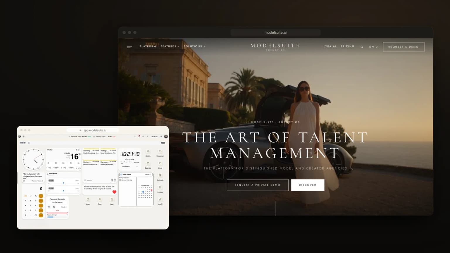 Die ModelSuite-Website mit der Überschrift The art of talent management über einem Model neben einem Sportwagen auf einer Terrasse über dem Meer, daneben das Dashboard der App mit Widgets, Kalender und Schnellzugriffen auf Models, Messenger, Verträge, Rechnungen und Lyra AI