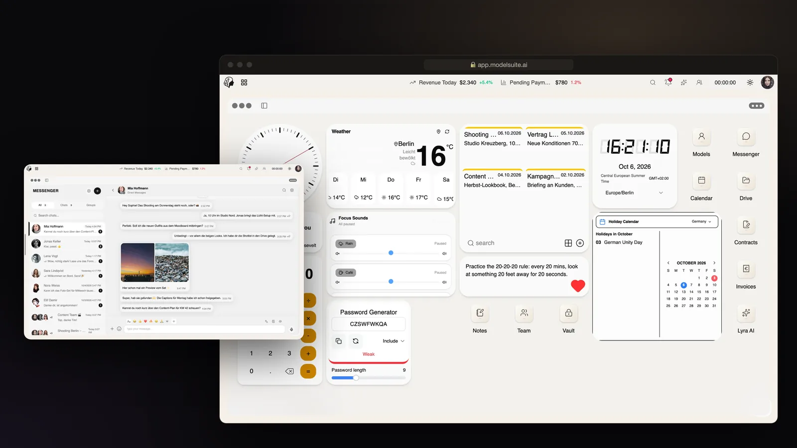 ModelSuite dashboard with widgets, a calendar and shortcuts to models, messenger, contracts, invoices and Lyra AI, beside the messenger open on a conversation with a model