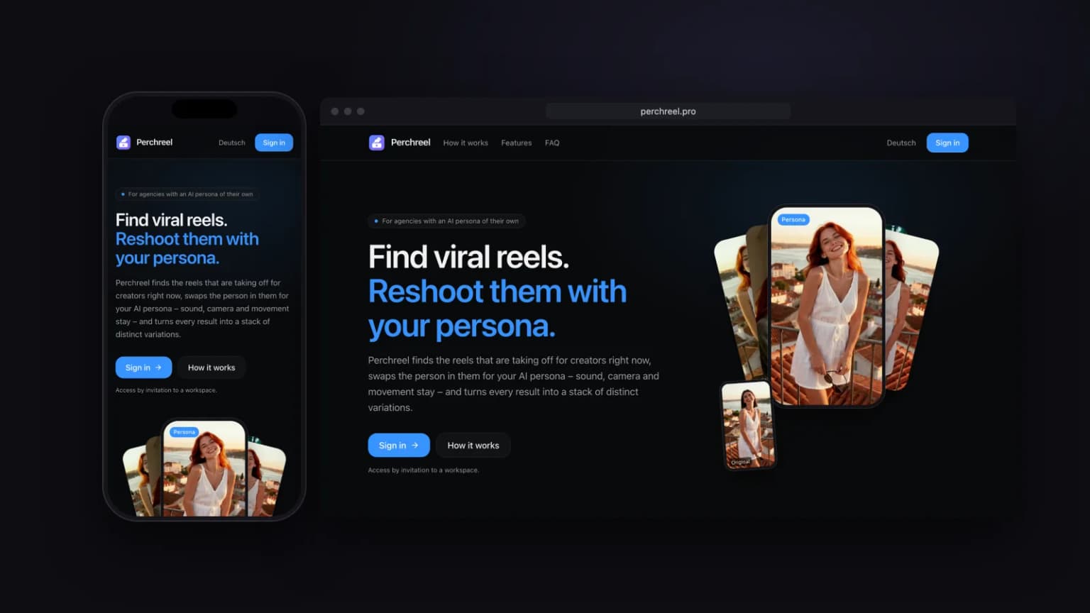 Die Perchreel-Website mit der Überschrift Find viral reels. Reshoot them with your persona., daneben ein getauschtes Reel einer KI-generierten Frau mit Original und Varianten, dazu ein Telefon mit derselben Seite