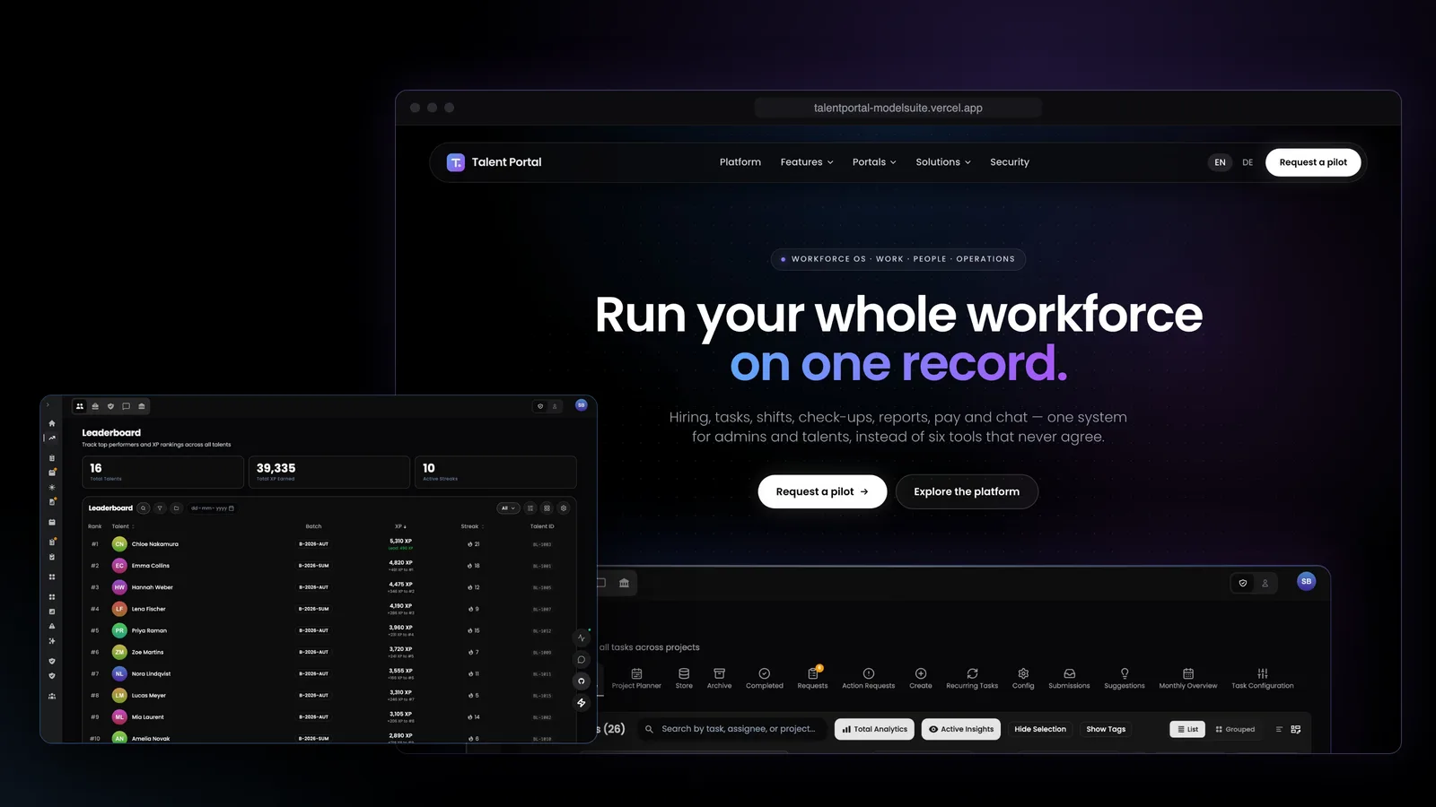 The Talent Portal website hero reading Run your whole workforce on one record, above the app's task list, beside the app's XP leaderboard