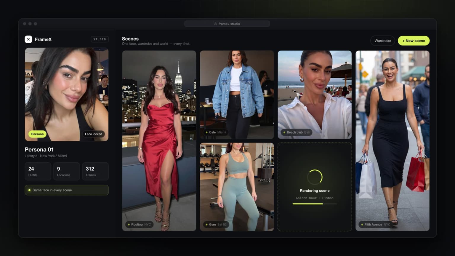 FrameX studio showing one persona across generated scenes: a rooftop, a café, a beach club, a gym and a city street