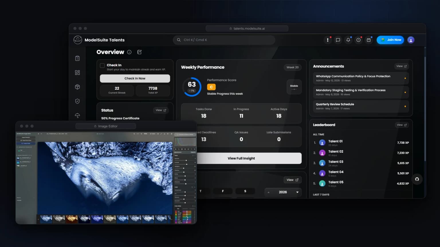 Talent Portal team dashboard with weekly performance, announcements and a leaderboard, beside its built-in image editor